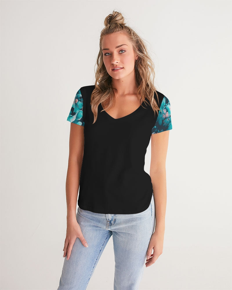 Teal Floral Women's V-Neck Tee