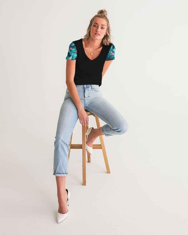 Teal Floral Women's V-Neck Tee
