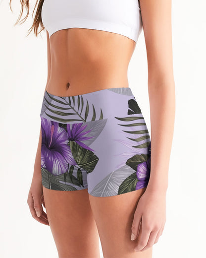 Purple Flower Women's Mid-Rise Yoga Shorts