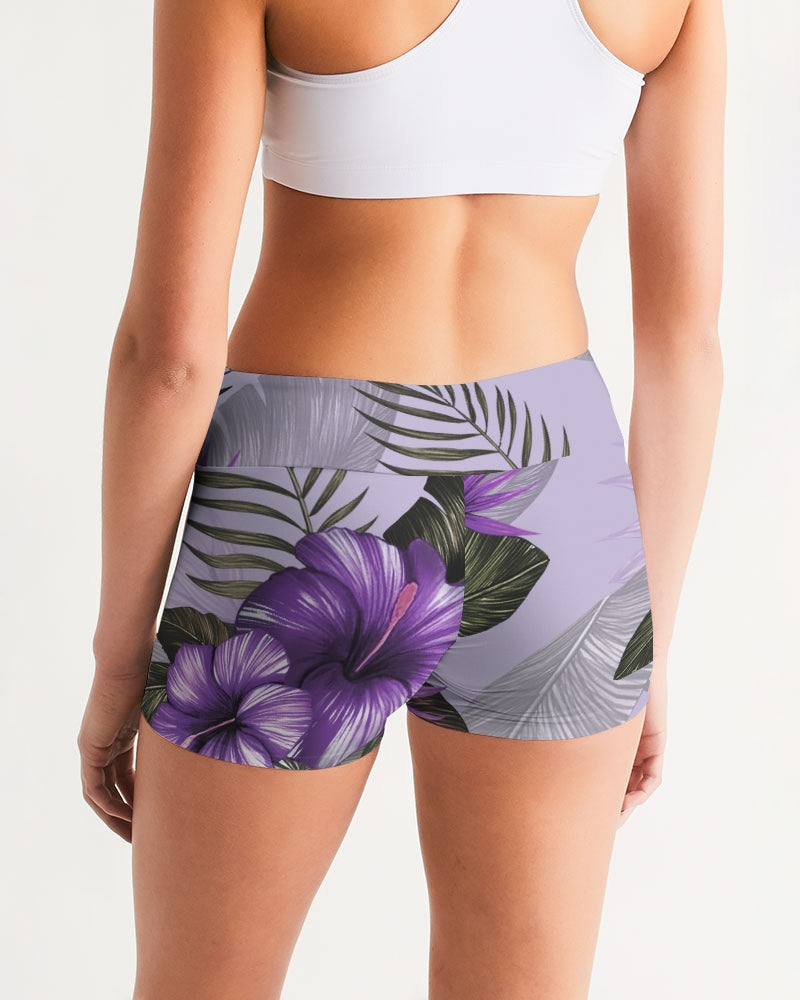 Purple Flower Women's Mid-Rise Yoga Shorts