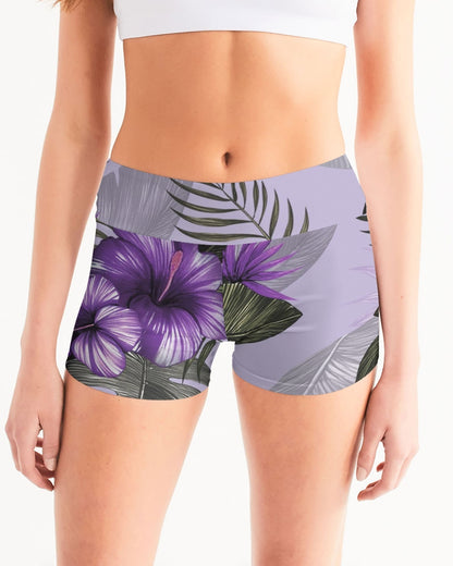 Purple Flower Women's Mid-Rise Yoga Shorts